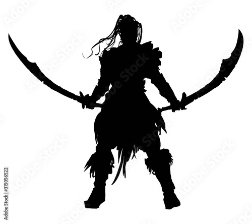 The silhouette of a mighty warrior with two curved swords  long hair fluttering in the wind  standing proudly at the ready with his weapon. 2D illustration.