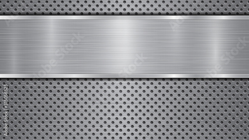 Background in gray colors, consisting of a metallic perforated surface with holes and a polished plate with metal texture, glares and shiny edges