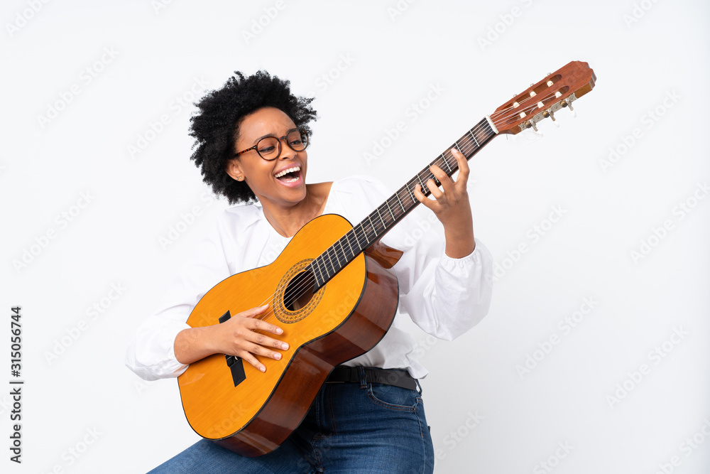 African american woman with guitar over isolated background