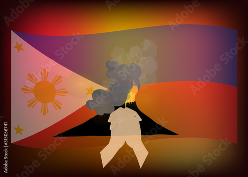 Taal Volcano Eruption, Pray for Philippines with Parying hands on Filipino flag and Valacano background, Pray for Albay, Philippines Volcano, Save Philippines concept,  vector illustration.