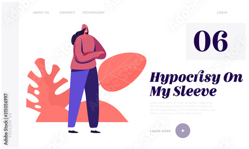 Hypocrisy Website Landing Page. Young Fashionable Woman Stand with Crossed Arms. Youth Fashion and Lifestyle. Girl in Ling Sleeve Shirt, Pants and Hat Web Page Banner. Cartoon Flat Vector Illustration