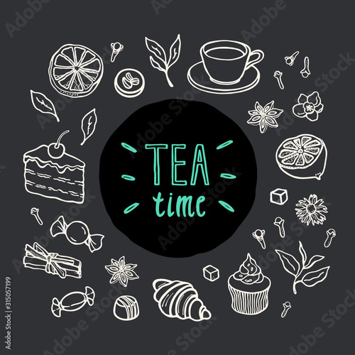 Vector hand drawn contoured tea and coffee time symbols, sweet cake dessert and baking. Banner with place for text.
