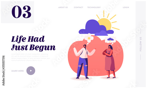 Pessimist and Optimist Girl Friends Communicate Website Landing Page. Couple of Women Having Different Point of View and Life Attitudes. Sun and Cloud Web Page Banner. Cartoon Flat Vector Illustration
