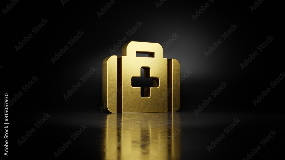 gold metal symbol of med kit 3D rendering with blurry reflection on floor with dark background gold metal symbol of med kit 3D rendering with blurry reflection on floor with dark background