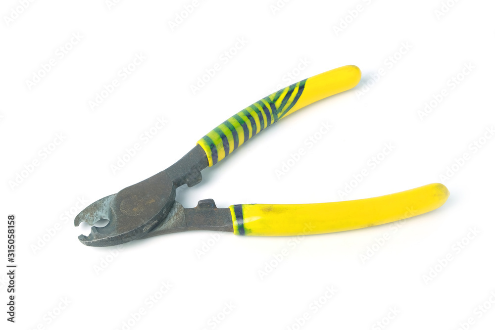 Metal wire cutters with yellow rubber handles isolated on white background. Metal wire cutters with yellow rubber handles isolated on white background.