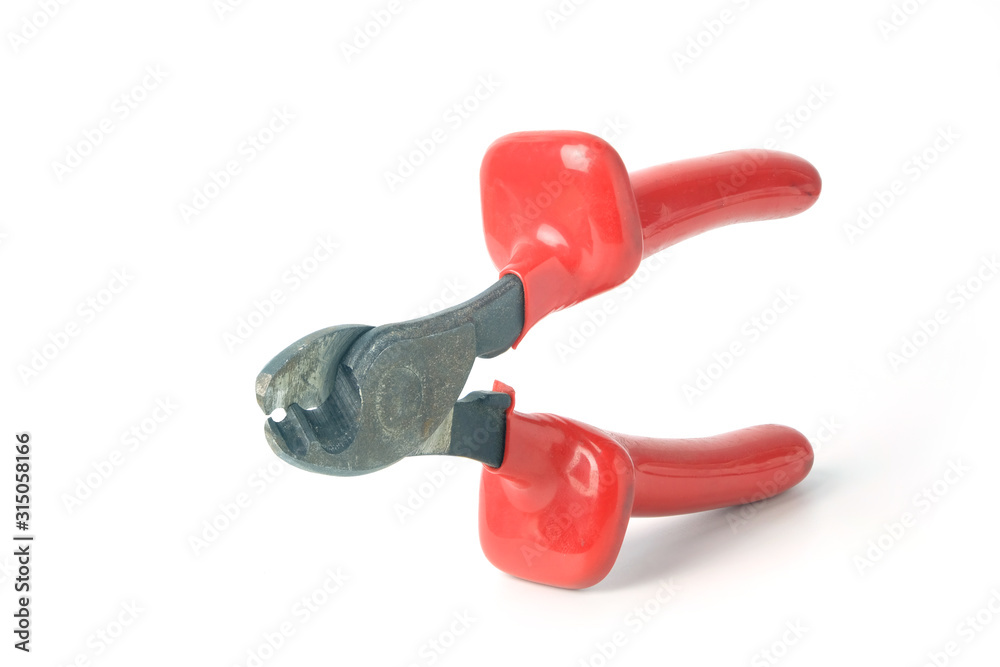 Metall wire cutters with red rubber handles isolated on white background. Metall wire cutters with red rubber handles isolated on white background.