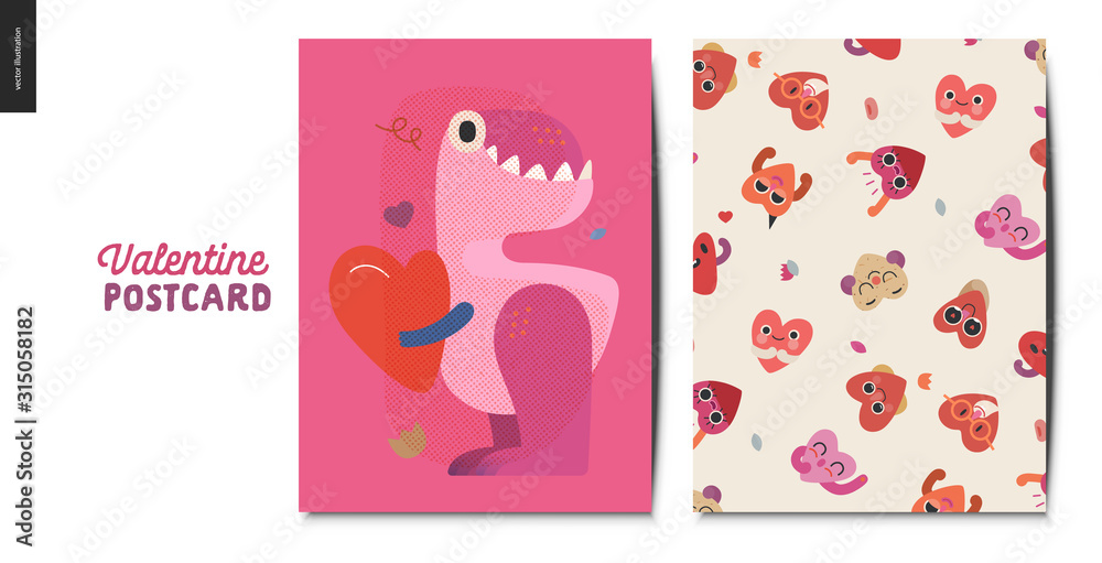 Valentines postcards -Valentines day graphics. Modern flat vector concept illustration - greeting cards - dinosur holding a heart and pattern of happy heart characters Valentines postcards -Valentines day graphics. Modern flat vector concept illustration - greeting cards - dinosur holding a heart and pattern of happy heart characters