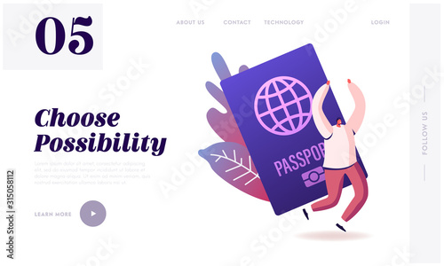 Tourist Get Visa and Passport for Traveling Abroad Website Landing Page. Happy Cheerful Man Rejoice with Hands Up, Immigrant Get Country Citizenship Web Page Banner. Cartoon Flat Vector Illustration