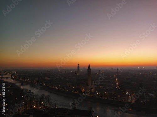 Sunset on Verona town from Castel San Pietro in Italy
