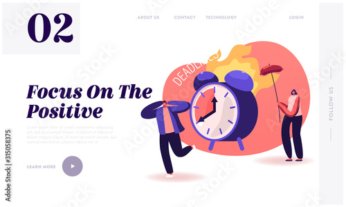 Positive Negative Thinking Website Landing Page. Man Suffering of Deadline, Woman Getting Benefit from Situation Frying Sausage on Burning Alarm Clock Web Page Banner. Cartoon Flat Vector Illustration