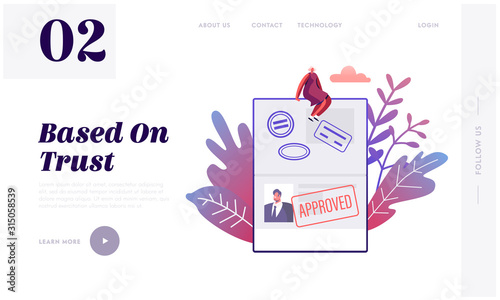 People Travelling Abroad Website Landing Page. Happy Woman Sitting on Huge Open Foreign Passport with Approved Visa Stamp on Page with Male Photo Web Page Banner. Cartoon Flat Vector Illustration