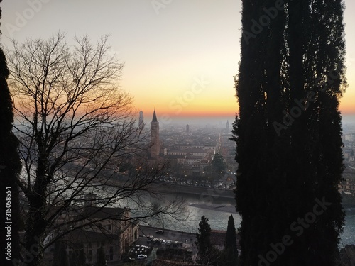 Sunset on Verona town from Castel San Pietro in Italy
