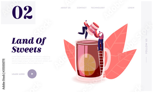 Artificial Sweetener Website Landing Page. Tiny Characters Stand on Ladder at Huge Cup of Tea with Lemon Put Tablets to Drink. Healthy Sweets Product Web Page Banner. Cartoon Flat Vector Illustration
