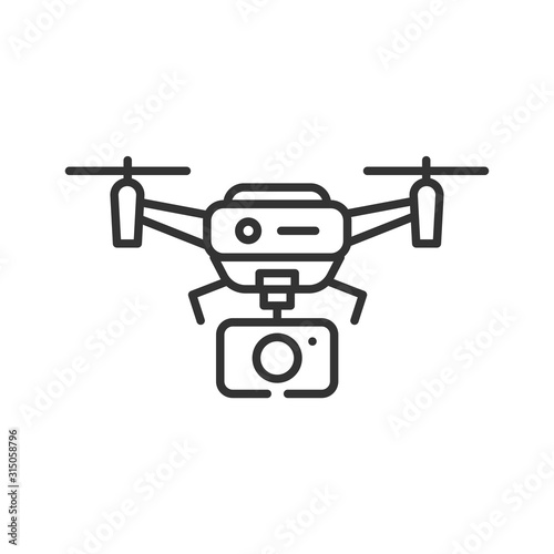 Drone with camera automatic unmanned control black line icon. Aircraft device concept. Video surveillance from a quadcopter  shots from a height. Sign for web page  mobile app  social media.