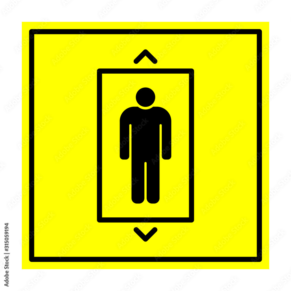 Lift. Man in elevator. Square black sign on yellow background. Vector illustration. Lift. Man in elevator. Square black sign on yellow background. Vector illustration.