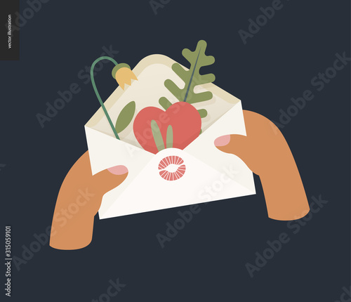 Heart in the envelope -Valentines day graphics. Modern flat vector concept illustration - two hands holding the open envelope with a heart, flower and plants inside. Lipstick kiss mark