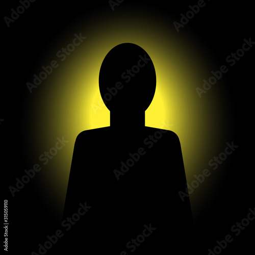 Shadow anonymous human. Abstract black silhouette unknown man in clothes with without face on background of yellow light. Vector drawing. Art illustration in flat style. Mystical background.