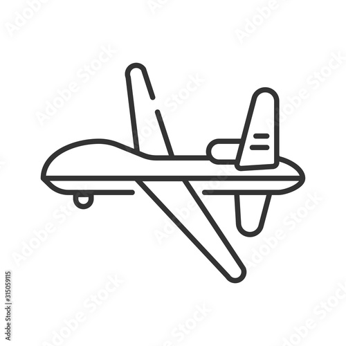 Military drone automatic unmanned control black line icon. Army aircraft for intelligence and attack template. Sign for web page, mobile app, banner, social media. Editable stroke.
