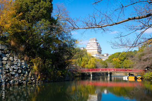 The Himeji castle with red bridge at front, an UNESCO World Heritage site, is the most visited castle in Himeji, Japan.