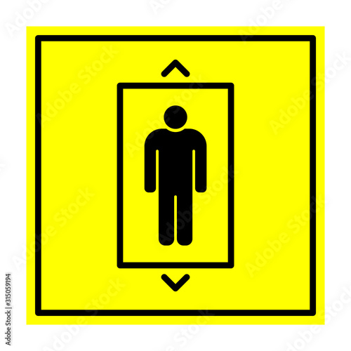 Lift. Man in elevator. Square black sign on yellow background. Vector illustration.