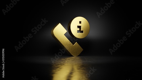 gold metal symbol of phone call  3D rendering with blurry reflection on floor with dark background