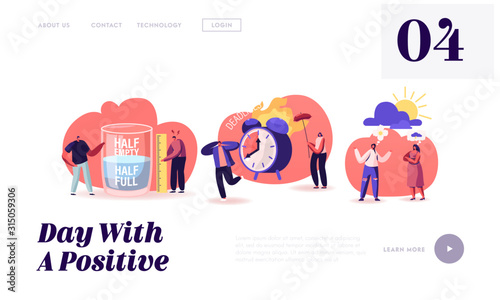 Positive and Negative Thinking Pessimist and Optimist People Website Landing Page. Half Full or Empty Glass with Water, Bad or Good Weather, Deadline Web Page Banner. Cartoon Flat Vector Illustration