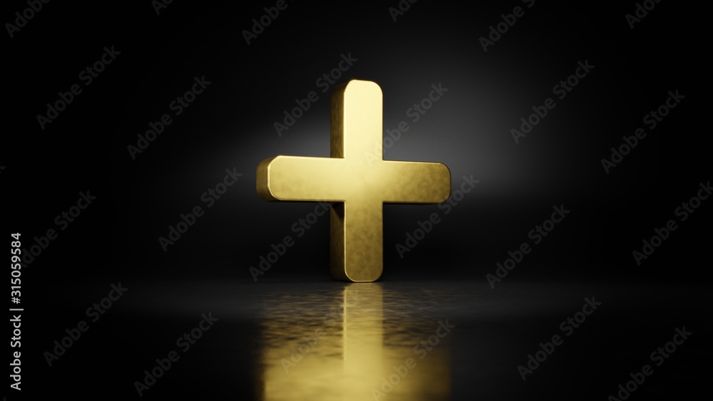 Obraz premium gold metal symbol of plus 3D rendering with blurry reflection on floor with dark background
