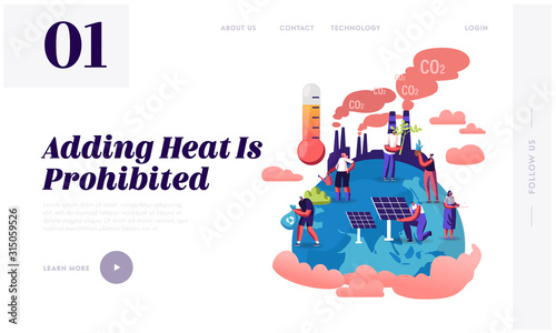 Global Warming Website Landing Page. Tiny Characters Care of Plants on Earth, Factory Pipes Emitting Co2 Gas Smoke, Thermometer Show High Temperature Web Page Banner. Cartoon Flat Vector Illustration
