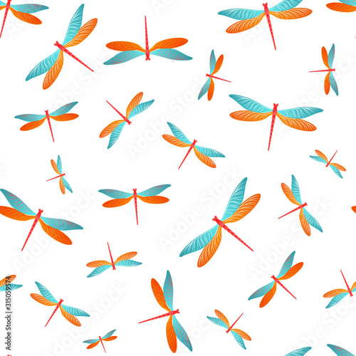 Dragonfly colorful seamless pattern. Repeating dress textile print with damselfly insects. Close up 