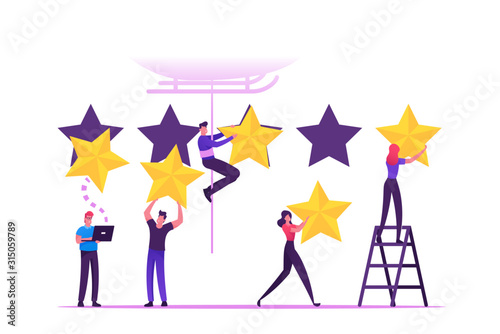 Customer Review and Rating Concept. People Put Huge Golden Stars into Holes, Man Hanging on Rope from Helicopter Leaving Feedback. Clients Evaluate Service Technology. Cartoon Flat Vector Illustration