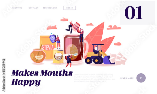 People Eating Natural Sweeteners Website Landing Page. Tiny Characters Remove White Sugar from Nutrition and Use Honey, Coconut Extract and Stevia Eco Web Page Banner. Cartoon Flat Vector Illustration