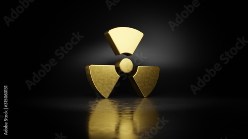 gold metal symbol of radiation 3D rendering with blurry reflection on floor with dark background photo