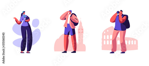 Set Male Tourist Characters Visit Sightseeing with Female Guide, Making Pictures on Photo Camera. Foreign Journey, Travel Agency Service, Traveling People on Excursion Cartoon Flat Vector Illustration
