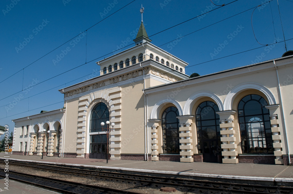 Kovel railway station against blue sky background