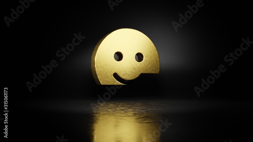 gold metal symbol of smile 3D rendering with blurry reflection on floor with dark background