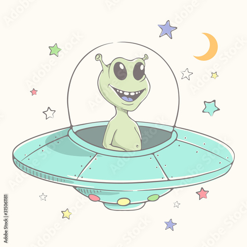 Cute alien flies in flying saucer