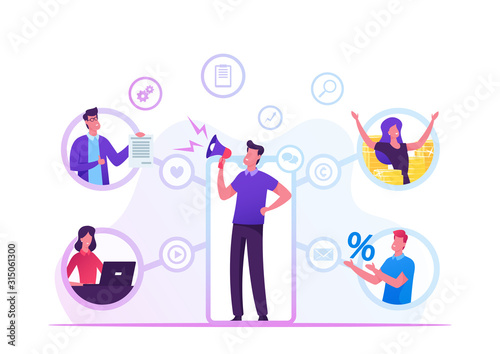 Referral Program Business Concept. Salesman Shouting to Megaphone Attracting Audience to Refer Friends. People Connected with Internet and Relationship Network, Cartoon Flat Vector Illustration