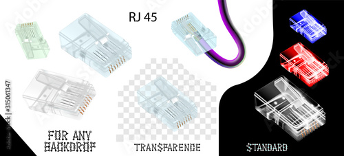 Close-up set rj-45 connectors isolated on white background. Vector illustration.