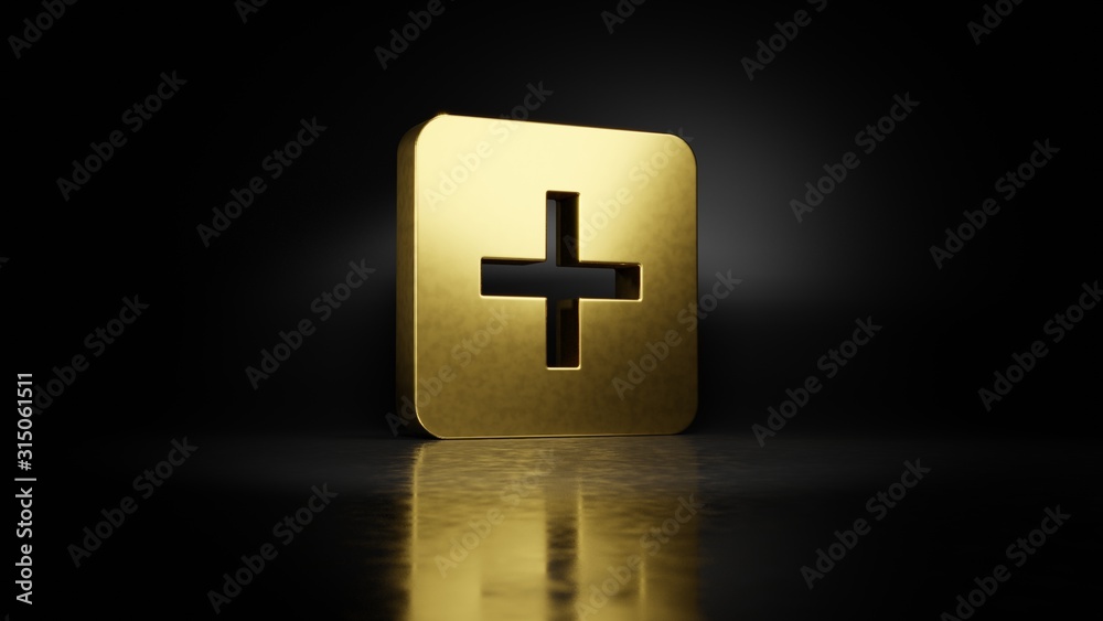 Obraz premium gold metal symbol of square add button 3D rendering with blurry reflection on floor with dark background