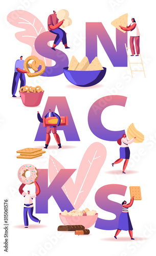 People Eating Snacks Concept. Tiny Male and Female Characters Enjoying Different Dry Appetizers Pretzel Biscuits Chips Sweets and Donuts Poster Banner Flyer Brochure. Cartoon Flat Vector Illustration