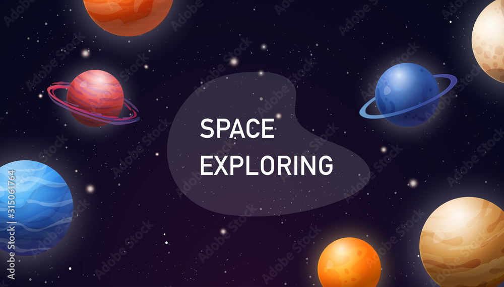 Horizontal abstract space vector banner. Space background with abstract shape and planets.