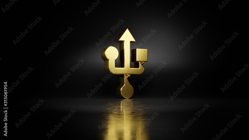 Obraz premium gold metal symbol of technology 3D rendering with blurry reflection on floor with dark background