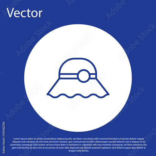 Blue line Elegant women hat icon isolated on blue background. White circle button. Vector Illustration