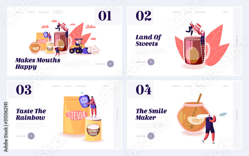 Healthy Artificial Sweeteners Website Landing Page. Stevia, Coconut Sugar and Aspartame Tablets, Blood Glucose Meter Showing Good Indicator, No Sugar Web Page Banner. Cartoon Flat Vector Illustration