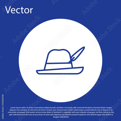 Blue line Oktoberfest hat icon isolated on blue background. Hunter hat with feather. German hat. White circle button. Vector Illustration