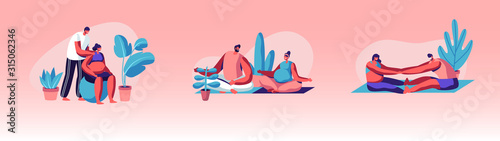 Set of Happy Couples Waiting Baby Exercising in Gym. Pregnant Female Characters with Husbands Doing Fitness Sport Activity Together. Fitball, Yoga Class, Relaxing Pose Cartoon Flat Vector Illustration