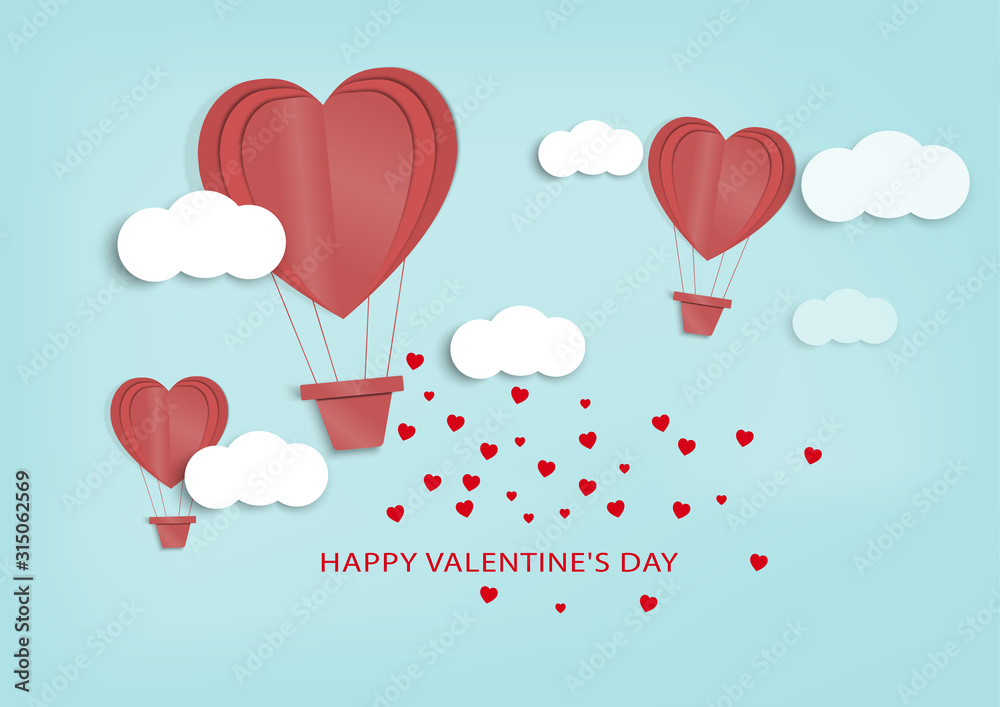 illustration of love and valentine day.paper art and digital craft style.Origami made hot air balloon flying over grass with heart float on the sky.