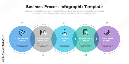 Modern business process infographic template with five successive steps. Easy to use for your website or presentation.