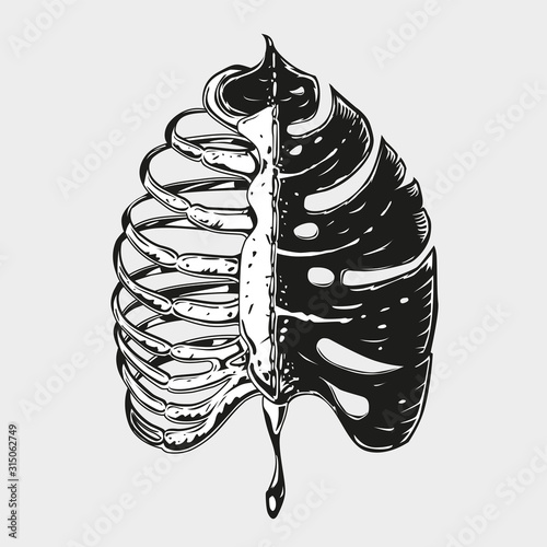 Monstera leaf with rib cage. Vintage apparel print with tropic plant and bones. T-shirt vector design.