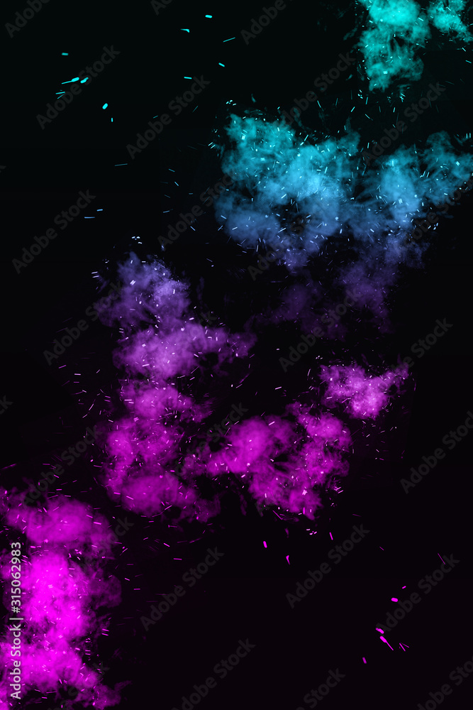 Purple and blue smoke on the black background. Colorful smoke isolated. 